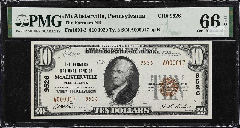 McAlisterville, Pennsylvania. $10 1929 Ty. 2. Fr. 1801-2. The Farmers NB. Charte...