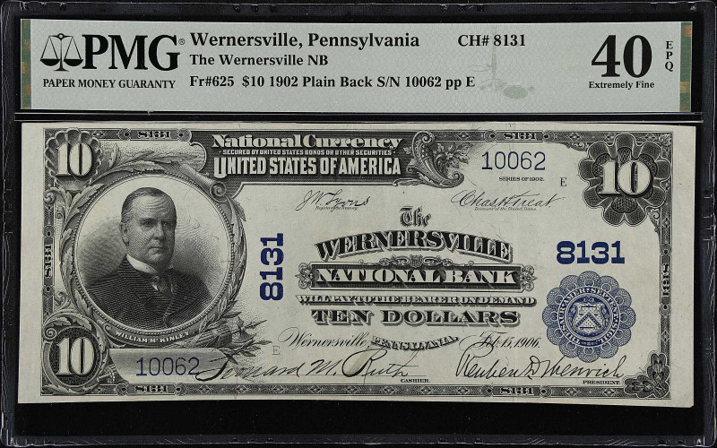 Wernersville, Pennsylvania. $10 1902 Plain Back. Fr. 625. The Wernersville NB. C...