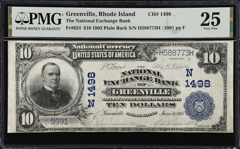 Greenville, Rhode Island. $10 1902 Plain Back. Fr. 624. The National Exchange Ba...