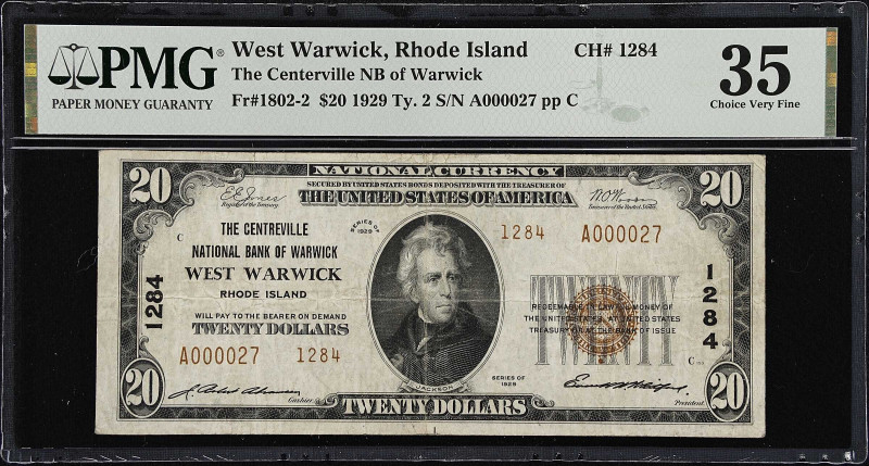 West Warwick, Rhode Island. $20 1929 Ty. 2. Fr. 1802-2. The Centreville NB of Wa...