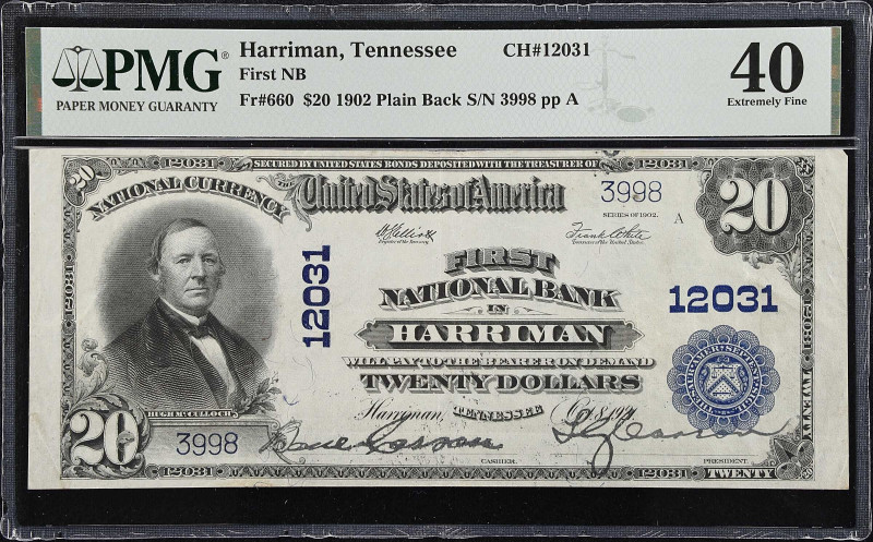 Lot of (2). Harriman, Tennessee. $20 1902 Plain Back. Fr. 660. The First NB. Cha...