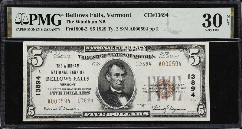 Bellows Falls, Vermont. $5 1929 Ty. 2. Fr. 1800-2. The Windham NB. Charter #1389...