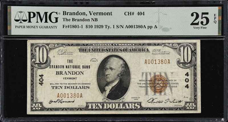 Brandon, Vermont. $10 1929 Ty. 1. Fr. 1801-1. The Brandon NB. Charter #404. PMG ...