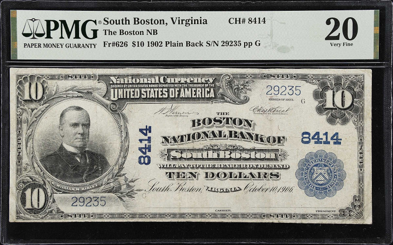 South Boston, Virginia. $10 1902 Plain Back. Fr. 626. The Boston NB. Charter #84...