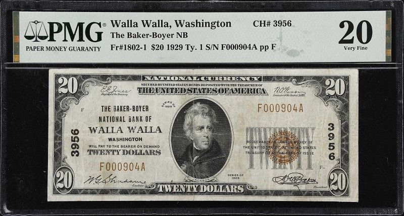 Walla Walla, Washington. $20 1929 Ty. 1. Fr. 1802-1. The Baker-Boyer NB. Charter...