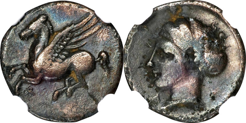 CORINTHIA. Corinth. AR Drachm, ca. 345-307 B.C. NGC Ch F.
HGC-4, 1868. Obverse:...