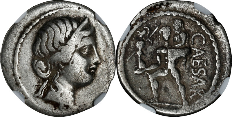 JULIUS CAESAR. AR Denarius, Military mint traveling with Caesar in North Africa,...