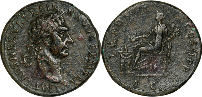 TRAJAN, A.D. 98-117. AE Sestertius (26.42 gms), Rome Mint, A.D. 98. CHOICE VERY ...