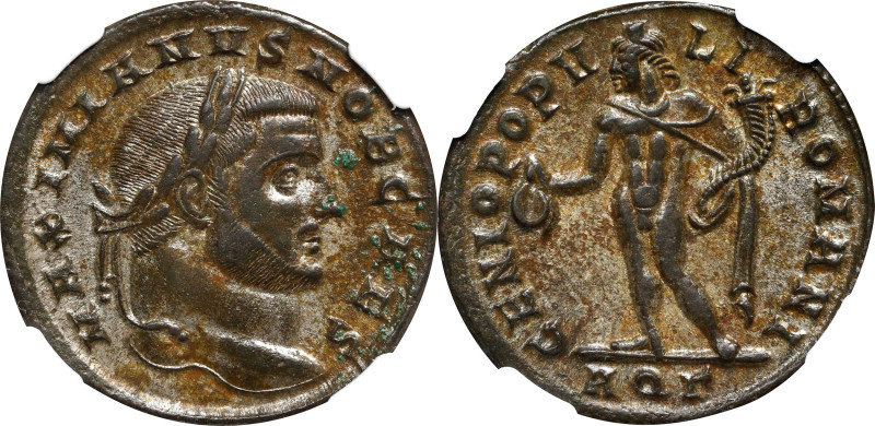 GALERIUS, A.D. 305-311. BI Nummus or Follis, Aquileia Mint, A.D. 296. NGC AU. Si...