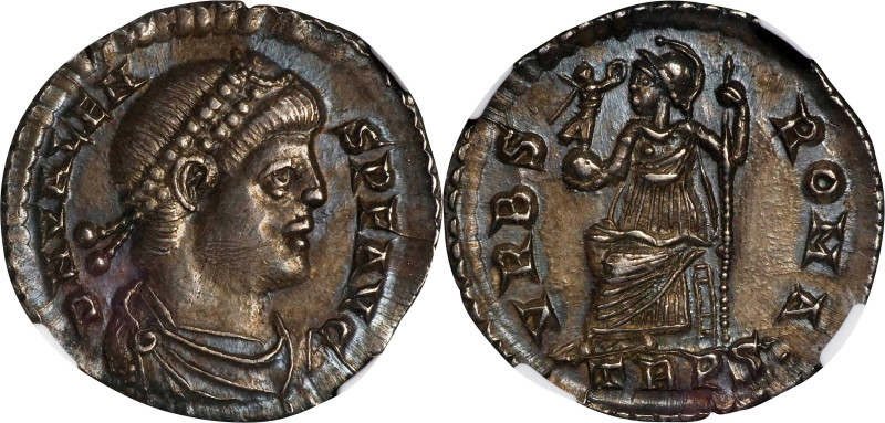 VALENS, A.D. 364-378. AR Siliqua, Trier Mint, ca. A.D. 364-378. NGC AU. Scratche...