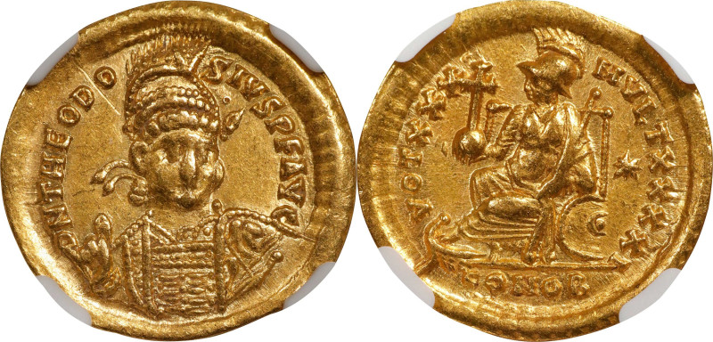 THEODOSIUS II, A.D. 402-450. AV Solidus (4.34 gms), Constantinople Mint, 10th Of...