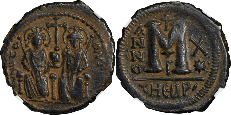 JUSTIN II with SOPHIA, 565-578. AE Follis, Theoupolis (Antioch) Mint, 3rd Offici...