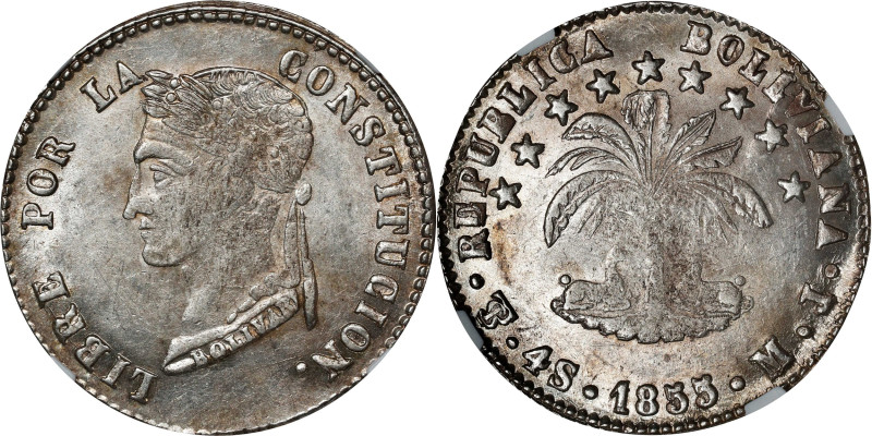 BOLIVIA. 4 Soles, 1855-PTS MJ. Potosi Mint. NGC MS-61.
KM-123.2.

Estimate: $...