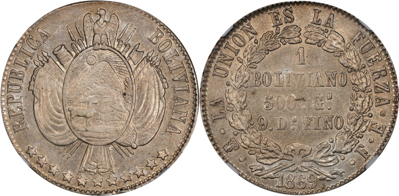 BOLIVIA. Boliviano, 1869-PTS FE. Potosi Mint. NGC AU-55.
KM-152.2.

Estimate:...