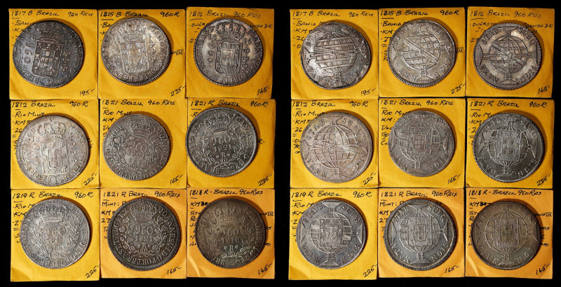 BRAZIL. Nonet of 960 Reis (9 Pieces), 1812-21. Grade Range: VERY FINE to ABOUT U...