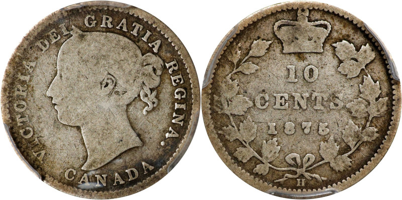 CANADA. 10 Cents, 1875-H. Birmingham (Heaton) Mint. Victoria. PCGS VG-10.
KM-3....