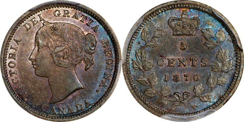 CANADA. 5 Cents, 1870. London Mint. Victoria. PCGS AU-58.
KM-2. Variety with wi...