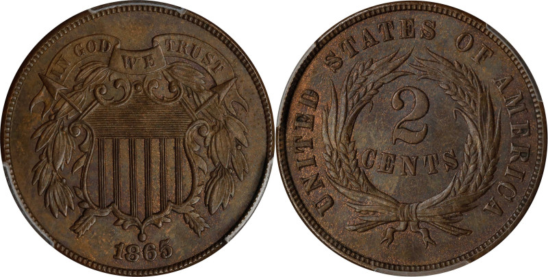 1865 Two-Cent Piece. Plain 5. MS-62 BN (PCGS).
PCGS# 38247. NGC ID: 22NA.
From...