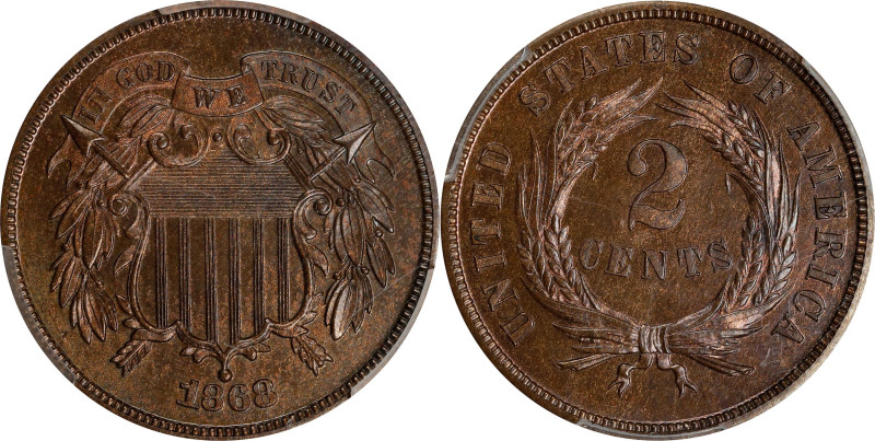 1868 Two-Cent Piece. Proof-65 BN (PCGS).
PCGS# 3636. NGC ID: 274X.
From the Je...