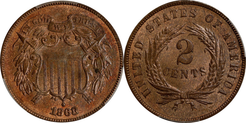 1868 Two-Cent Piece. MS-64 BN (PCGS).
PCGS# 3597. NGC ID: 22NC.
From the Jerom...