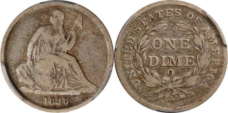 1838-O Liberty Seated Dime. No Stars. Fine-15 (PCGS).
PCGS# 4564. NGC ID: 237T....