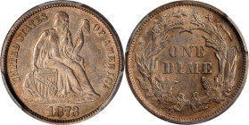 1873 Liberty Seated Dime. No Arrows. Open 3. AU-58 (PCGS).
PCGS# 4660. NGC ID: 23AB.
From the Jerome S. Reznick Collection. Purchased from RARCOA, A...