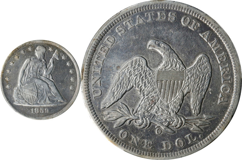 1859-O Liberty Seated Silver Dollar. VF Details--Cleaned (PCGS).
PCGS# 6947. NG...