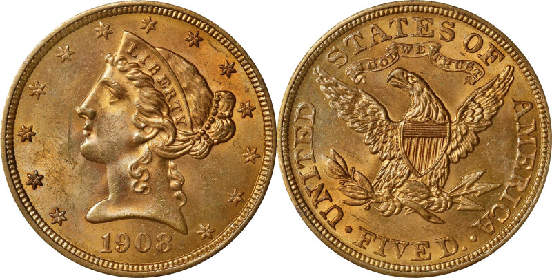 1908 Liberty Head Half Eagle. MS-62 (PCGS). Gold CAC. OGH Rattler.
PCGS# 8418. ...