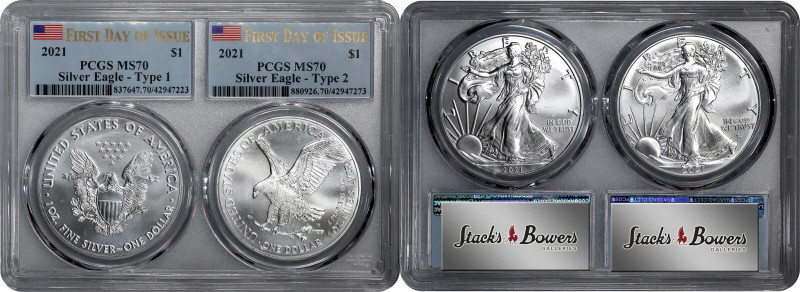 Lot of (2) 2021 Silver Eagles. First Day of Issue. MS-70 (PCGS).
Included are: ...