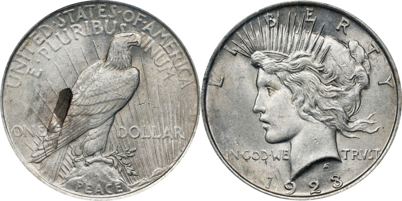 1923 Peace Silver Dollar. Lamination Attached on Reverse. AU-58 (PCGS).

Estim...