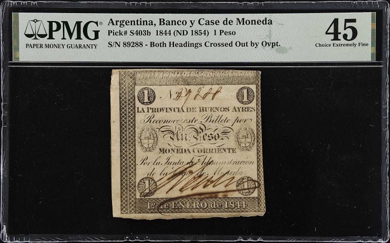 ARGENTINA. Banco y Case de Moneda. 1 Peso, 1844 (ND 1854). P-S403b. PMG Choice E...