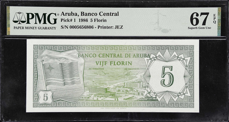 ARUBA. Lot of (2). Banco Central di Aruba. 5 Florin, 1986. P-1. PMG Gem Uncircul...