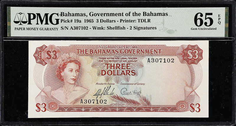 BAHAMAS. Bahamas Government. 3 Dollars, 1965. P-19a. PMG Gem Uncirculated 65 EPQ...