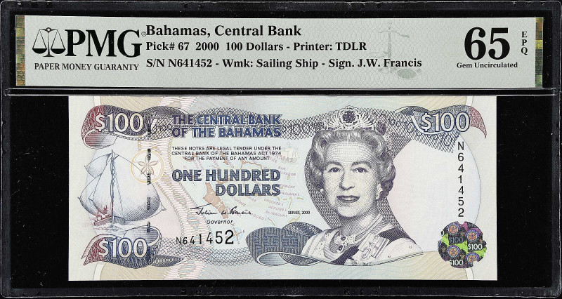 BAHAMAS. Central Bank of the Bahamas. 100 Dollars, 2000. P-67. PMG Gem Uncircula...