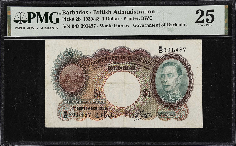 BARBADOS. Government of Barbados. 1 Dollar, 1939. P-2b. PMG Very Fine 25.
Even ...