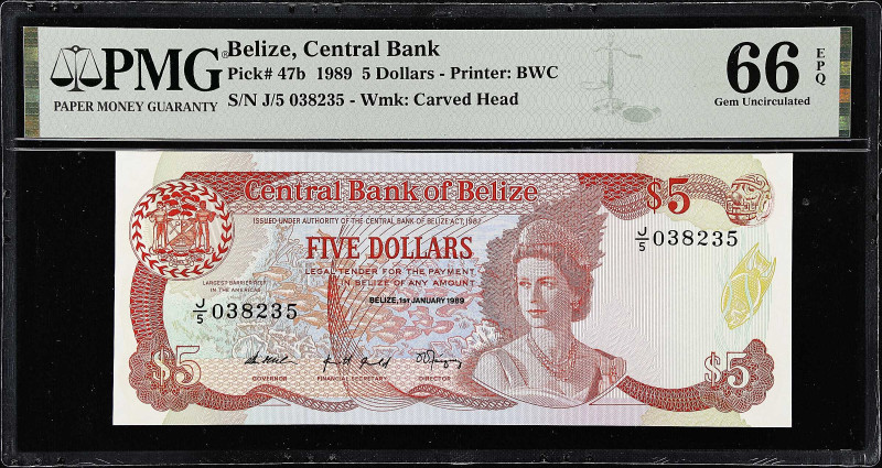 BELIZE. Central Bank of Belize. 5 Dollars, 1989. P-47b. PMG Gem Uncirculated 66 ...