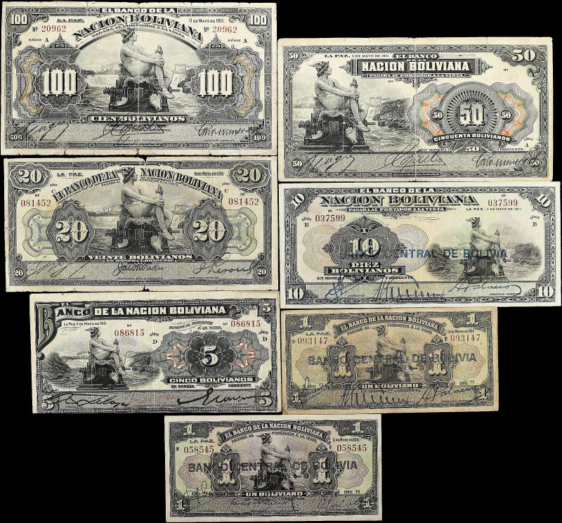 BOLIVIA. Lot of (7). El Banco de la Nacion Boliviana. 1, 5, 10, 20, 50 & 100 Bol...