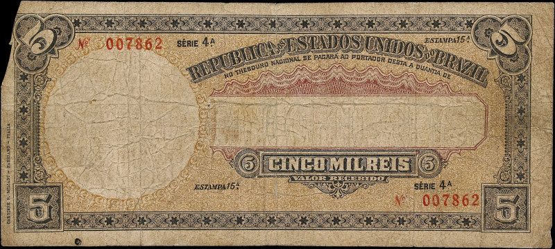 BRAZIL. Republica dos Estados Unidos do Brasil. 5 Mil Reis, ND (1918). P-25. Fin...