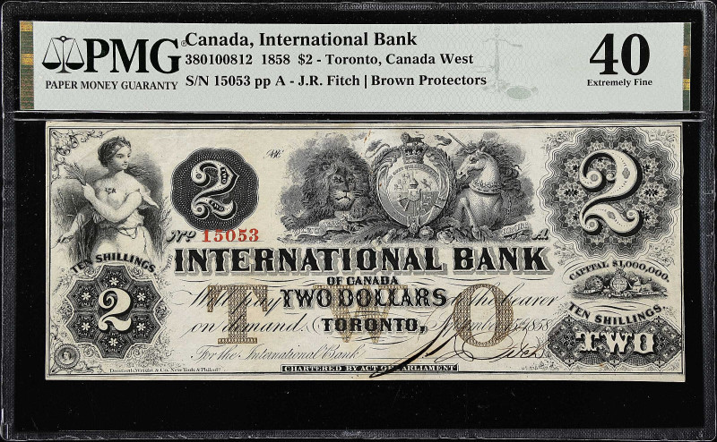 CANADA. International Bank. 2 Dollars, 1858. CH #380-10-08-12. PMG Extremely Fin...