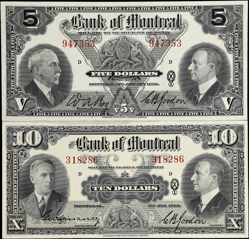 CANADA. Lot of (2). Bank of Montreal. 5 & 10 Dollars, 1935-38. CH# 505-60-02 & 5...