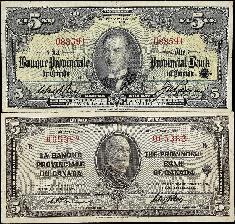 CANADA. Lot of (2). Provincial Bank of Canada. 5 Dollars, 1935-36. CH# 615-16-02...