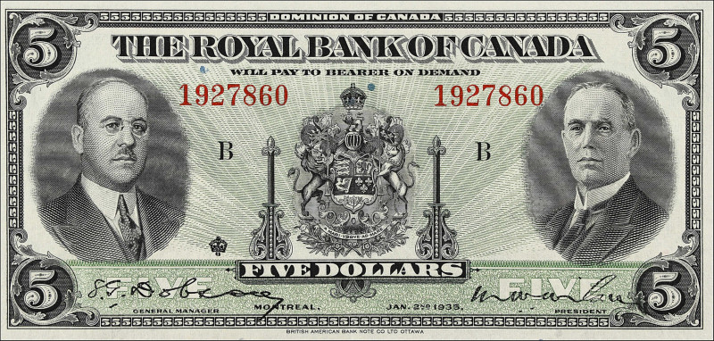 CANADA. Royal Bank of Canada. 5 Dollars, 1935. CH# 630-18-02. About Uncirculated...