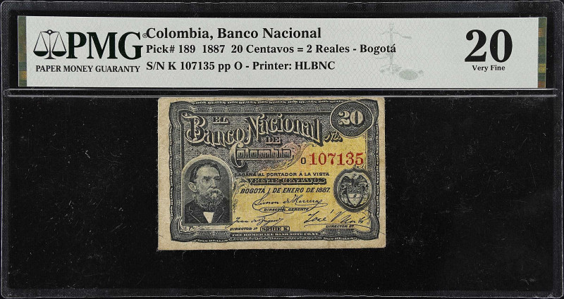 COLOMBIA. Banco Nacional de Colombia. 20 Centavos = 2 Reales, 1887. P-189. PMG V...