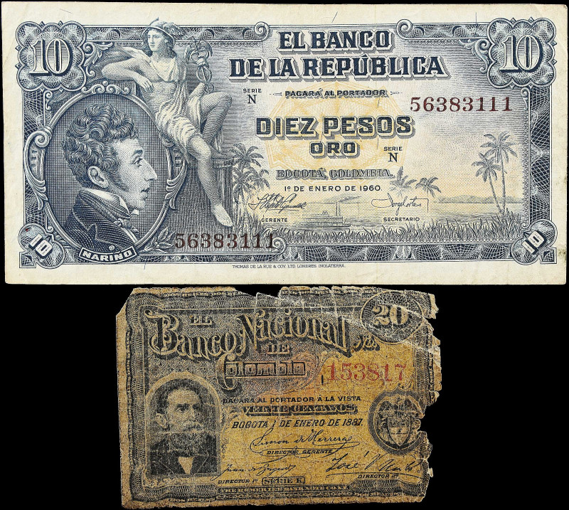 COLOMBIA. Lot of (2). Mixed Banks. 20 Centavos & 10 Pesos Oro, 1887 & 1960. P-18...