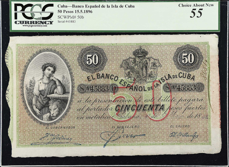 CUBA. Banco Espanol de la Isla de Cuba. 50 Pesos, 1896. P-50b. PCGS Currency Cho...