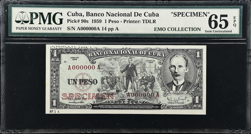 CUBA. Banco Nacional de Cuba. 1 Peso, 1959. P-90s. Specimen. PMG Gem Uncirculate...