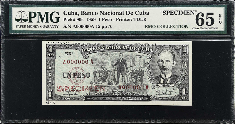 CUBA. Banco Nacional de Cuba. 1 Peso, 1959. P-90s. Specimen. PMG Gem Uncirculate...