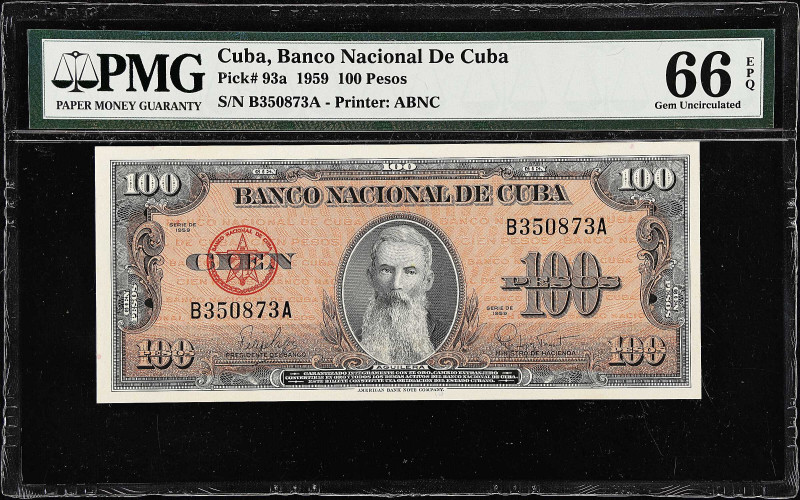 CUBA. Banco Nacional De Cuba. 100 Pesos, 1959. P-93a. PMG Gem Uncirculated 66 EP...