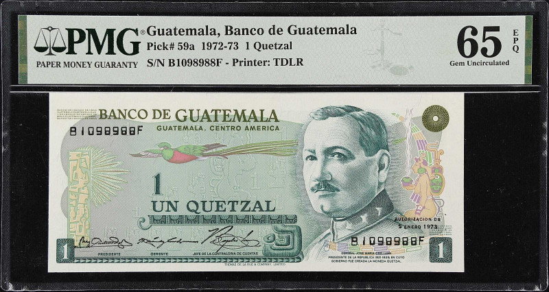 GUATEMALA. Banco de Guatemala. 1 Quetzal, 1973. P-59a. PMG Gem Uncirculated 65 E...