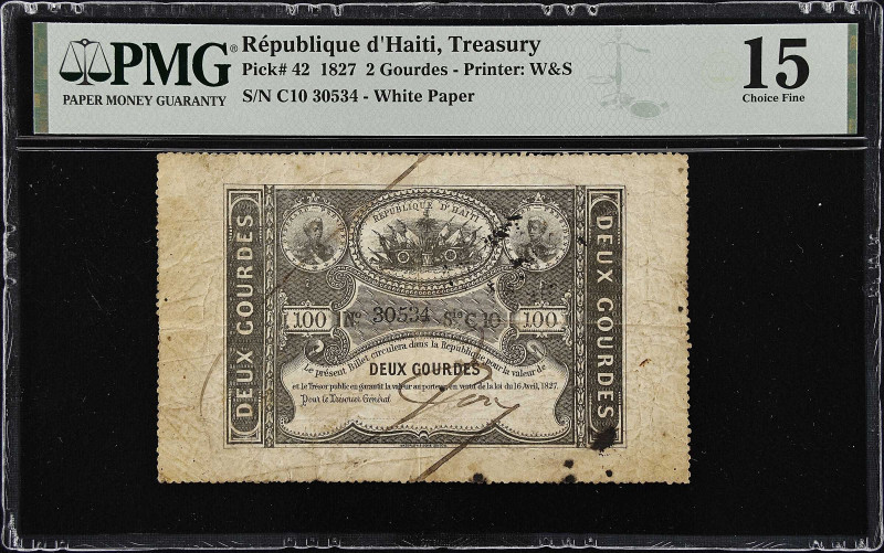 HAITI. Republique d'Haiti. 2 Gourdes, 1827. P-42. PMG Choice Fine 15.
Printed b...